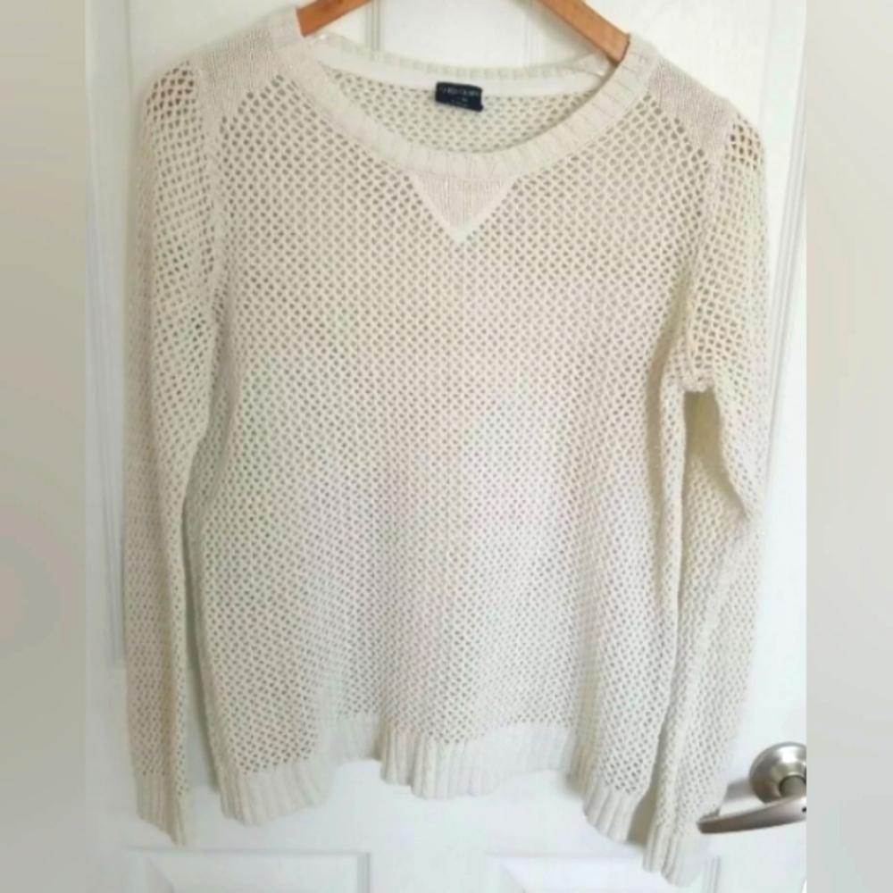 Faded Glory Women's Sz L Large Sweater Cream Gold Crew Neck Open Knit Weave